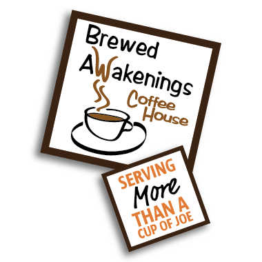Brewed Awakening's logo, which features a coffee cup, the brand's name, and "Serving more than a cup of joe", their slogan, on two sticky notes.