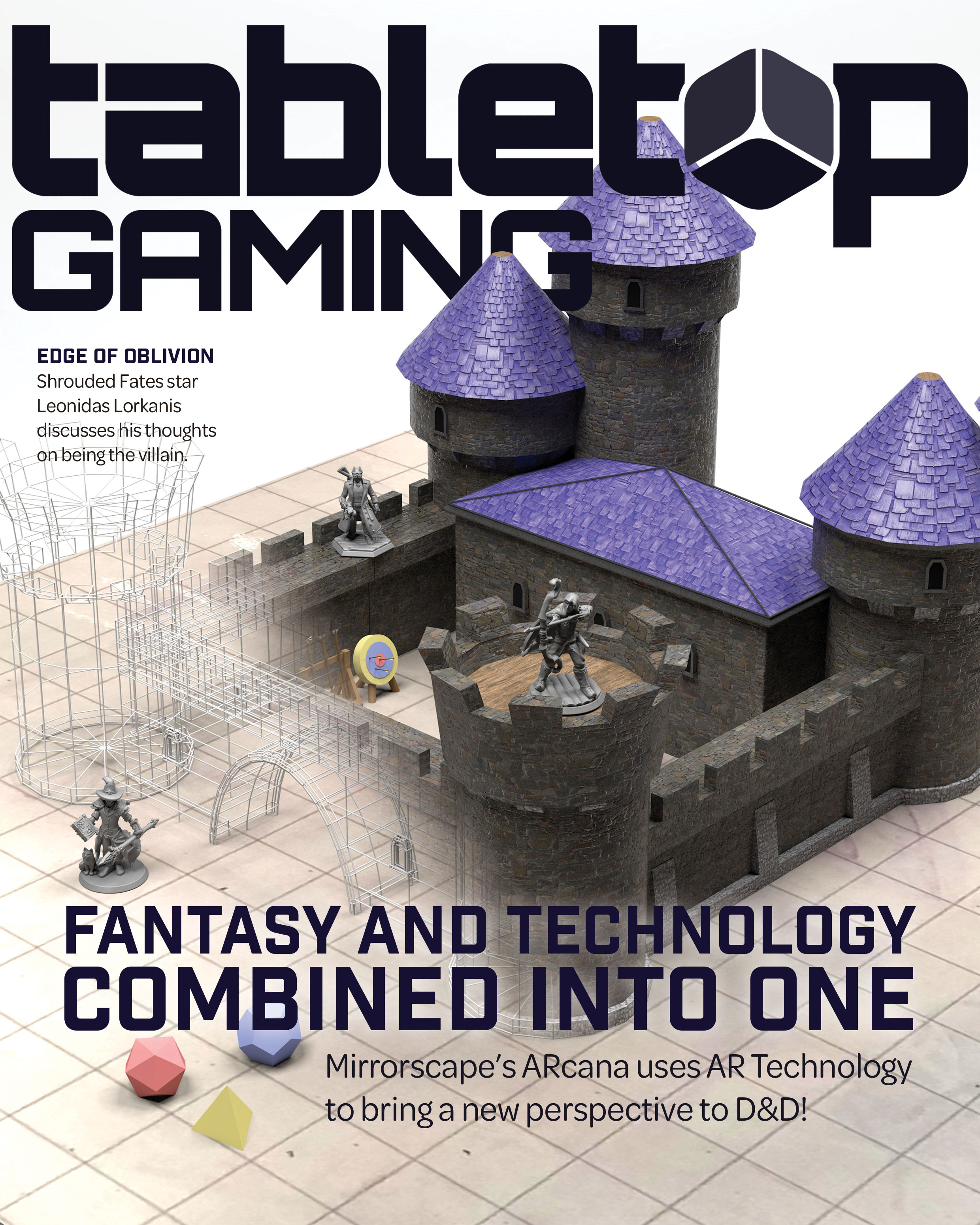 A 3D Magazine Cover designed by Red Crab Design that features a castle transitioning from a wireframe to being fully textured. It reads "Fantasy and Technology combined into one. Mirrorscape's Arcana uses AR technology to bring a new perspective to D&D!"