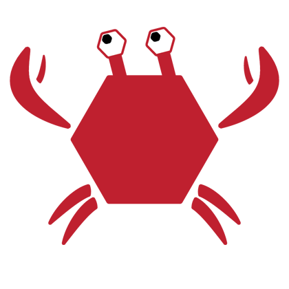 The Red Crab Design mascot Red. A crab styled in the same way as the Red Crab Design logo, with blinking eyes.
